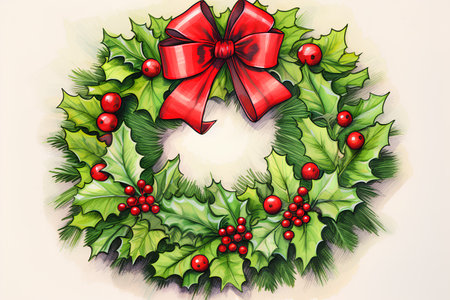 Christmas wreath with holly berry and red bow. Vector illustration.の素材