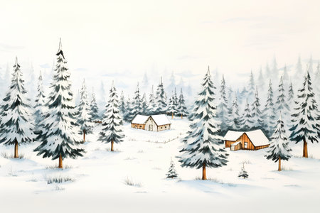 Winter landscape with pine trees and wooden houses in the snow. Vector illustration.の素材