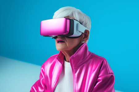 Elderly woman in pink jacket using virtual reality headset on blue backgroundの素材