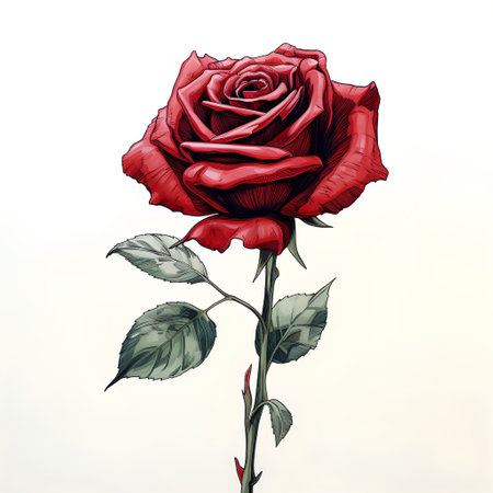 Hand drawn red rose isolated on white background. Vector illustration in retro style.の素材