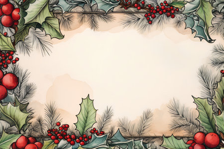 Hand drawn watercolor christmas frame with holly leaves and berriesの素材