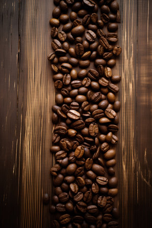 Roasted coffee beans on wooden background. Top view with copy spaceの素材