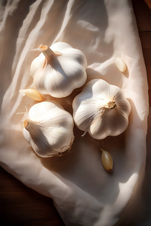 Garlic bulbs and garlic cloves on a white cloth on a wooden table.の素材