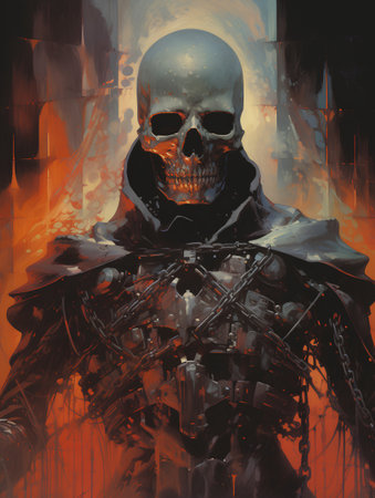 Skull of a man in the form of a monster with a weapon in his hands.の素材