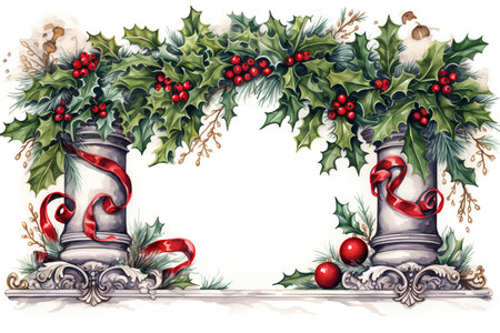 Christmas decoration with holly and mistletoe. Hand drawn watercolor illustrationの素材