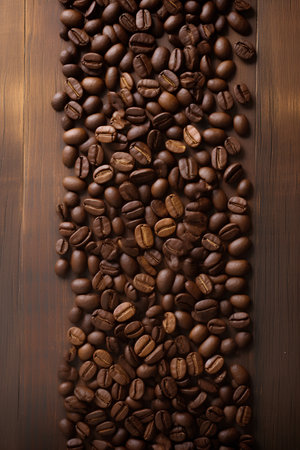 Coffee beans on wooden background. Top view with copy spaceの素材