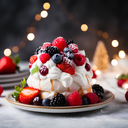 Pavlova cake with fresh berries and whipped cream on a gray backgroundの素材