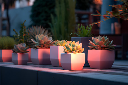 Beautiful succulent plants in pots on the street. 3d renderingの素材
