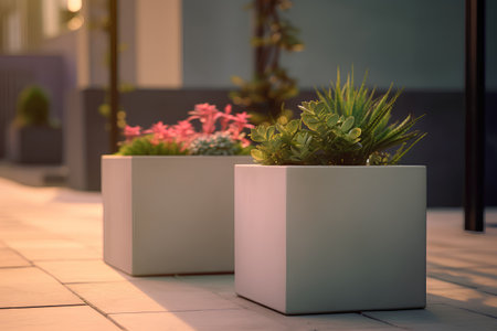 Plants in pots on the terrace of a luxury hotel.の素材