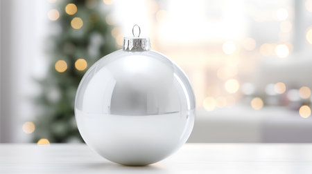Christmas bauble on table in room with blurred lights. 3d renderの素材