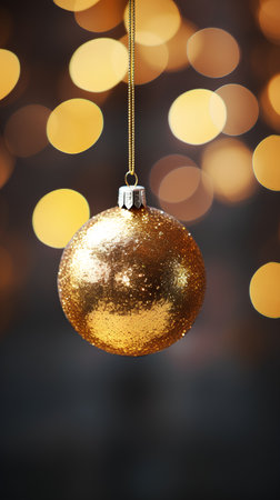 Golden christmas ball on bokeh background with copy space.の素材
