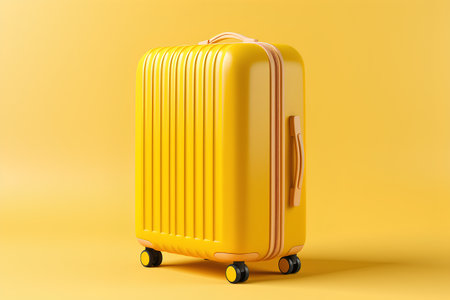 Yellow travel suitcase on wheels isolated on yellow background. 3d renderの素材