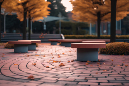Autumn park bench on the pavement with fallen leaves in the cityの素材