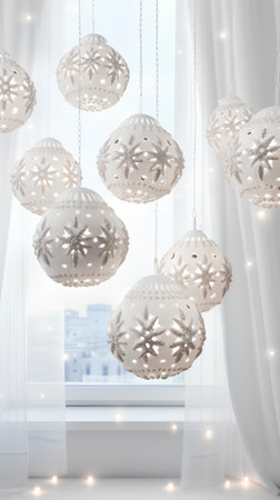 White Christmas balls hanging on the window with garlands. 3d illustrationの素材