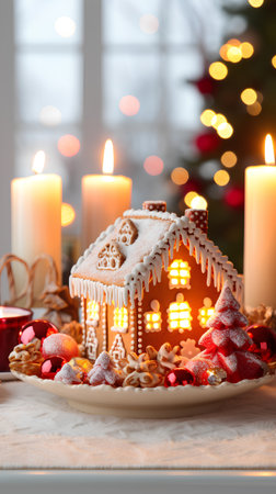 Christmas gingerbread house with burning candles on the background of the Christmas treeの素材