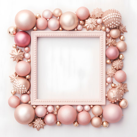 Christmas frame with pink balls and stars on white background. Flat lay, top view.の素材