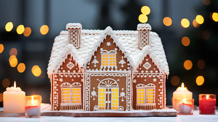 Gingerbread house with burning candles on bokeh background.の素材