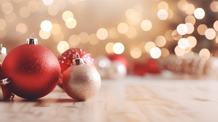 Red and gold christmas baubles with bokeh backgroundの素材