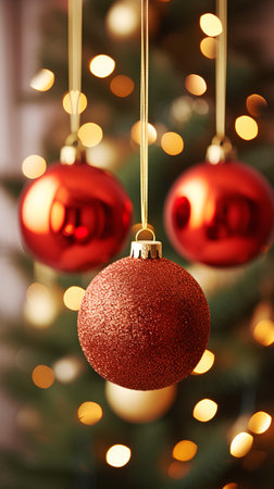 Christmas background with red baubles and bokeh lights.の素材