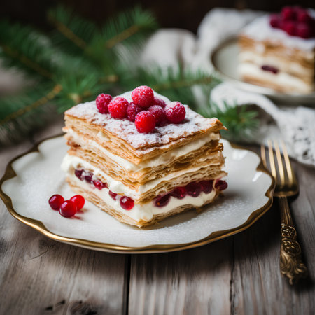 Pancakes with raspberries and currants on a wooden backgroundの素材