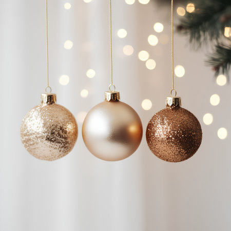 Golden Christmas balls hanging on fir tree branch with bokeh backgroundの素材