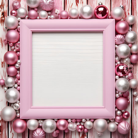 Christmas background with pink and silver decorations and empty frame for your messageの素材