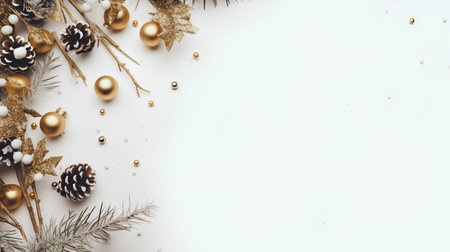 Christmas and New Year background with golden decorations. Flat lay, top view.の素材