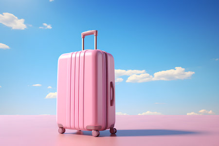 Pink travel suitcase on pink background with blue sky. 3d renderingの素材