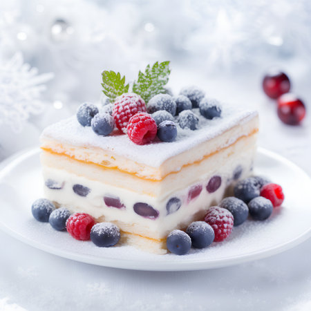 Christmas cake with berries and snowflakes on a white background.の素材