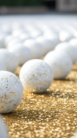 White christmas balls on golden glitter background with copyspace.の素材