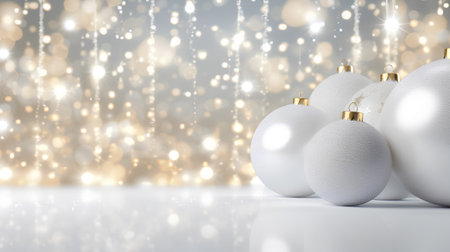 Christmas background with white baubles on bokeh lights backgroundの素材