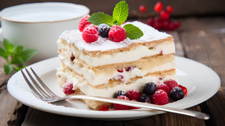 Cake with raspberries, blueberries and currants on wooden backgroundの素材