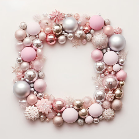 Christmas frame with pink and silver baubles and snowflakesの素材