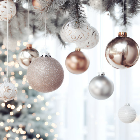 Christmas and New Year holidays background. Christmas tree decorated with silver balls.の素材