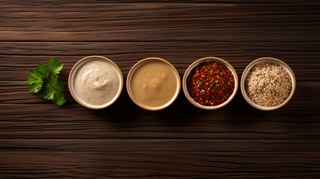 Set of sauces in bowls on a wooden background. Top view.の素材