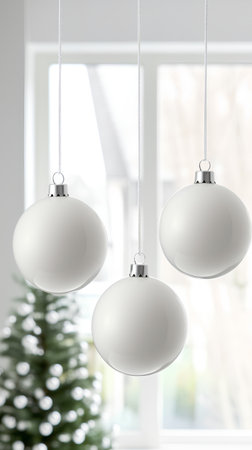 White Christmas balls hanging on the christmas tree. 3d renderingの素材