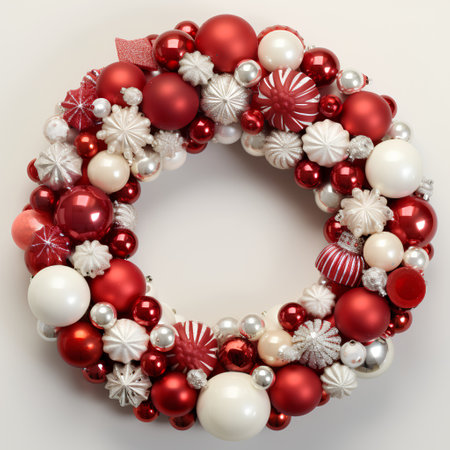 Christmas wreath with red and white balls. 3D illustration.の素材