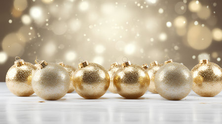 Golden Christmas balls on bokeh background. New Year and Christmas greeting card.の素材