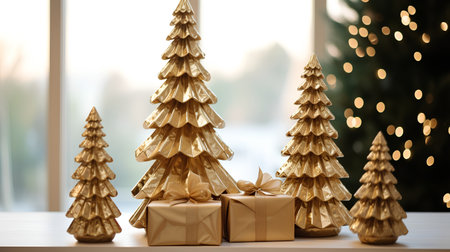 Golden Christmas tree with gifts on the background of a window with a bokehの素材
