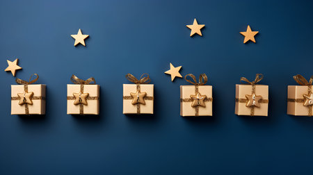 Golden gift boxes with bows and stars on blue background. Christmas or New Year concept.の素材