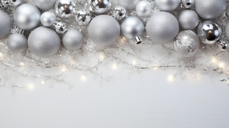 Silver christmas balls and garland on white background with copy spaceの素材