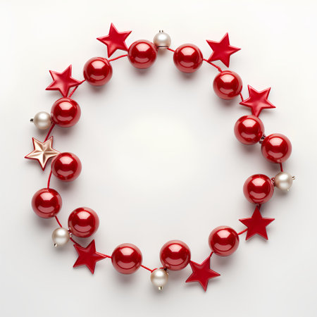 Christmas wreath with red and silver balls and stars on white backgroundの素材