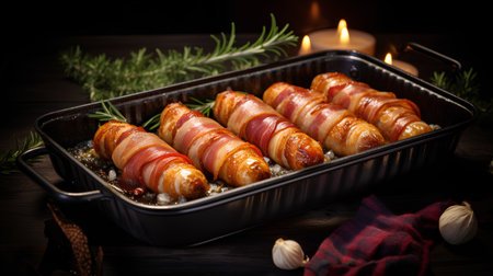 Baked bacon wrapped rolls in a baking sheet on a wooden tableの素材