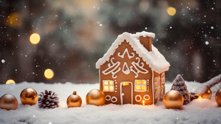 Gingerbread house in the snow with christmas decoration on bokeh backgroundの素材
