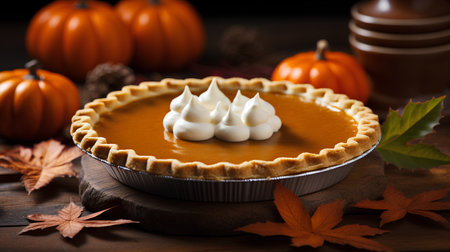 Pumpkin pie with whipped cream and autumn leaves on wooden backgroundの素材