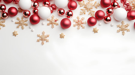 Christmas background with red and white baubles and snowflakesの素材