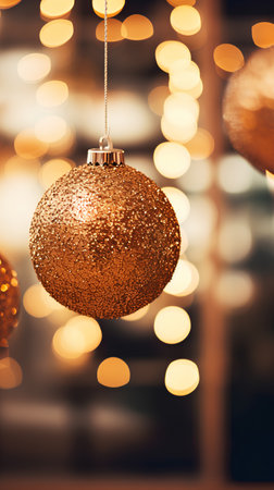 Christmas and New Year holidays background with golden baubles on bokeh lights backgroundの素材