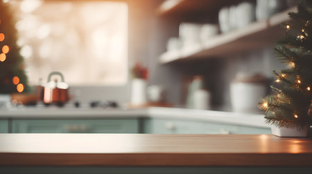 Empty wooden table and blurred interior of modern kitchen background. Mock up, 3D Renderingの素材
