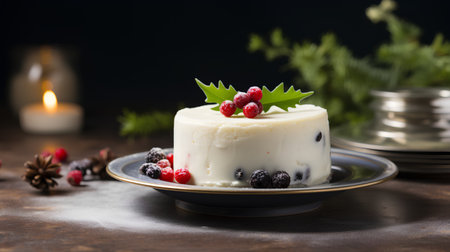 Panna cotta with fresh berries on dark background. Selective focus.の素材