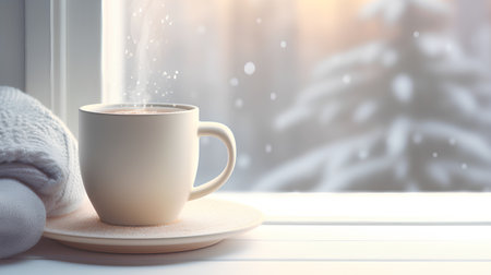 Cup of hot coffee on wooden windowsill. Winter background.の素材